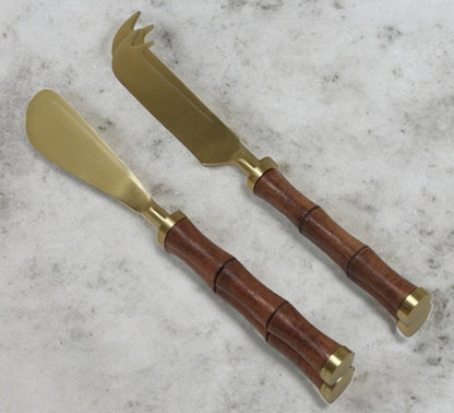 27H Cheese Set Of Two: Gold & Bamboo Handle