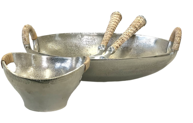 280A - Alumn Oval Bowl Rattan Handles 16X15X9