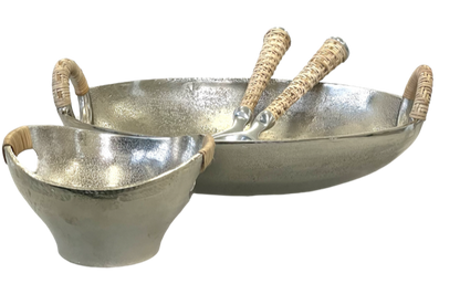 280A - Alumn Oval Bowl Rattan Handles 16X15X9