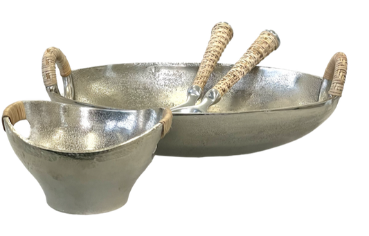 280 - Oval Aluminium Bowl W/ Rattan Handles 35X23X12