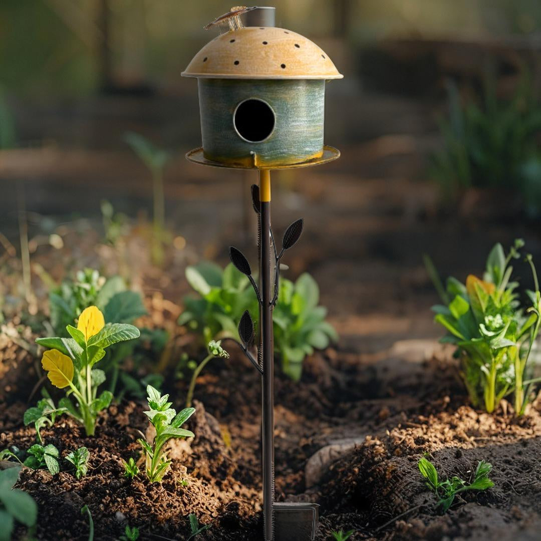 Birdhouse w/Leaf on Leafy Garden Stake 21.5x21.5x109cm