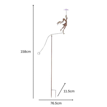 Girl w/ Umbrella Spinner/Balancing Garden Stake 76.5x11.5x158cm