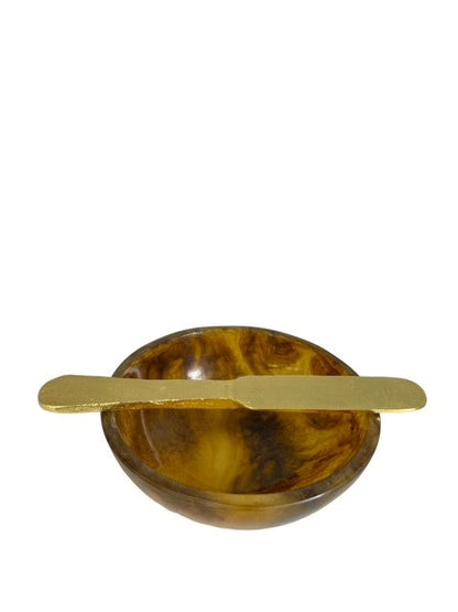 34B - Tortoise Shell Resin Dip Bowl W/Rganic Shaped Gold Knife