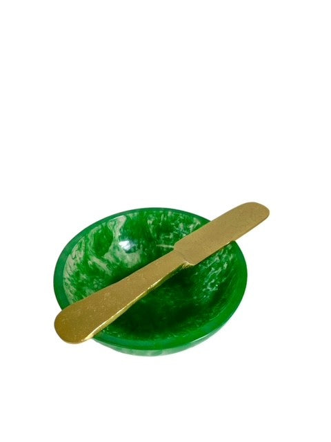 34C - Vivid Apple Resin Dip Bowl W/Organic Shaped Gold Knife