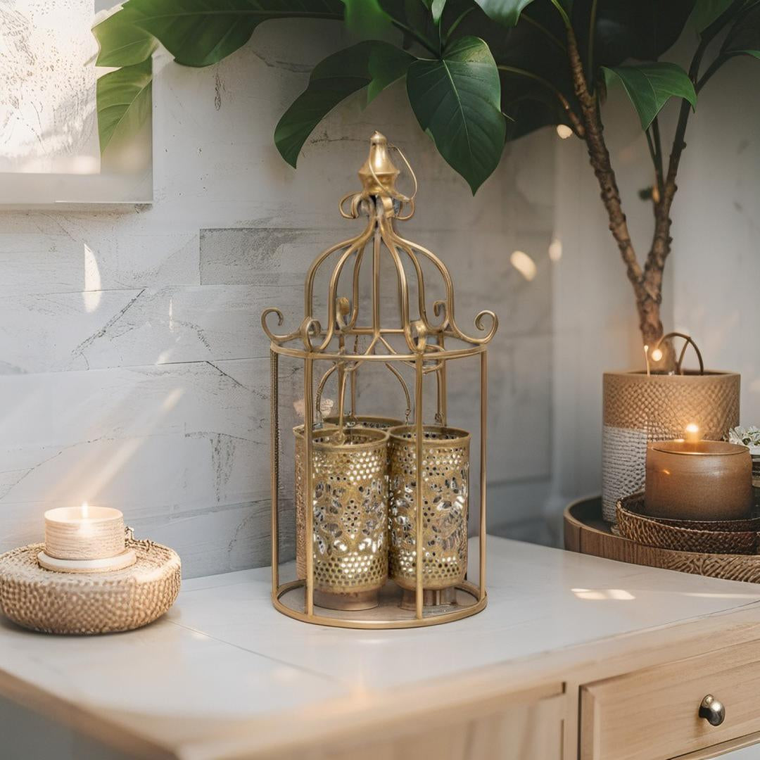 Lustre 'Cage' w/3 Pillar Candleholders 23x20x45cm