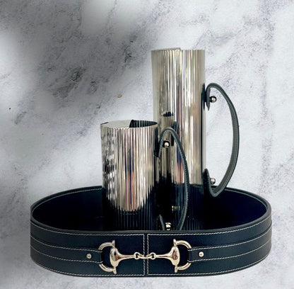 390F - Small Ridged Jug W/Black Leather Handle