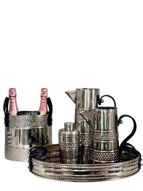 391G - Stainless Steel Hammer Wine/Champagne Bucket For 2 Bottles W/Leather Handles