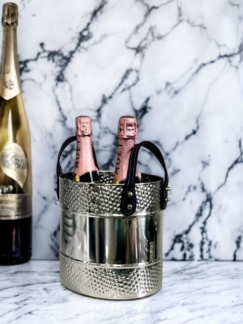 391G - Stainless Steel Hammer Wine/Champagne Bucket For 2 Bottles W/Leather Handles