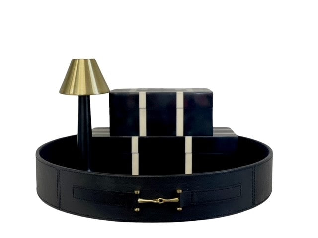 395F - Equestrian Style Horse Bit Leather Round Tray Black Gold Bkl 46Cm