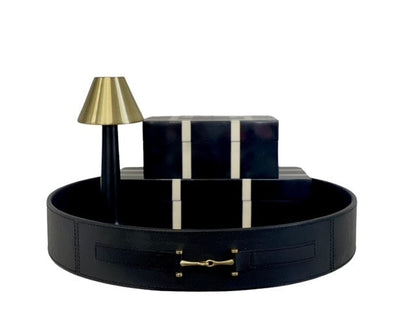 395F - Equestrian Style Horse Bit Leather Round Tray Black Gold Bkl 46Cm