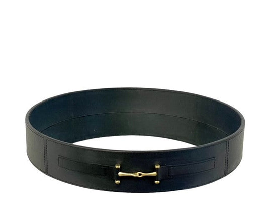 395F - Equestrian Style Horse Bit Leather Round Tray Black Gold Bkl 46Cm