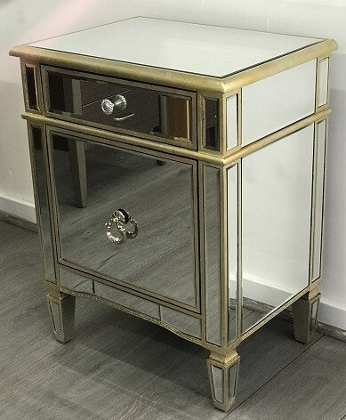 Mirrored Bedside Cabinet Antique 1 Door 1 Drawer. Last One, Floor Stock Left, Half Price.