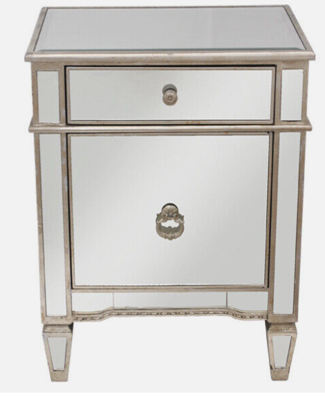 Mirrored Bedside Cabinet Antique 1 Door 1 Drawer Champagne Trim