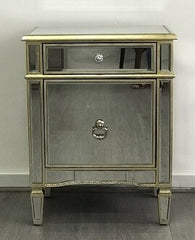 Mirrored Bedside Cabinet Antique 1 Door 1 Drawer. Last One, Floor Stock Left, Half Price.
