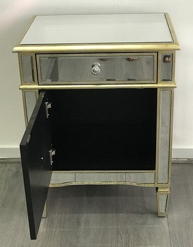 Mirrored Bedside Cabinet Antique 1 Door 1 Drawer. Last One, Floor Stock Left, Half Price.