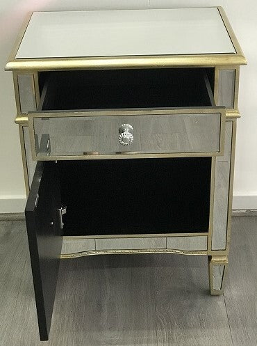 Mirrored Bedside Cabinet Antique 1 Door 1 Drawer. Last One, Floor Stock Left, Half Price.