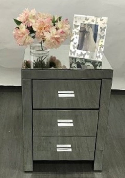 Mirrored Modern Bedside With 3 Drawers On Runners In Silver. Last Two, Floor Stock Left, Half Price.