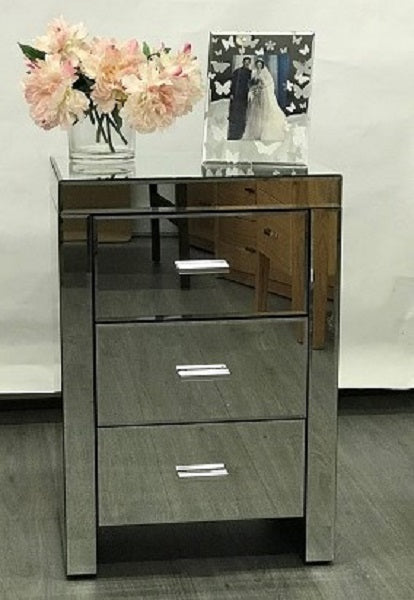 Mirrored Modern Bedside With 3 Drawers On Runners In Silver. Last Two, Floor Stock Left, Half Price.