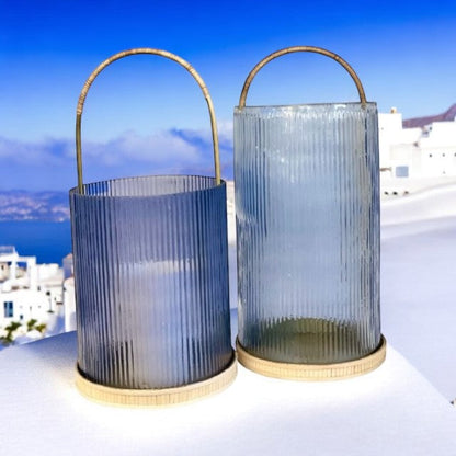 433Bl - Lantern :Small Blue Ribbed Glass 26Cm