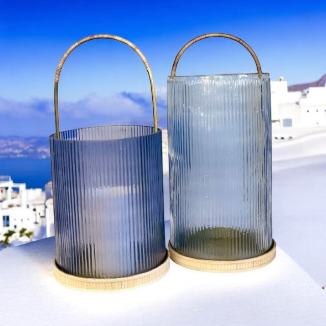 433Bl - Lantern :Small Blue Ribbed Glass 26Cm