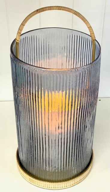 433Bl - Lantern :Small Blue Ribbed Glass 26Cm