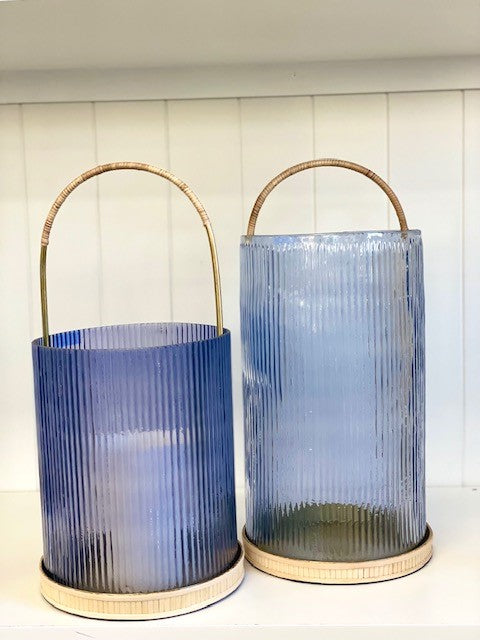 433Bl - Lantern :Small Blue Ribbed Glass 26Cm