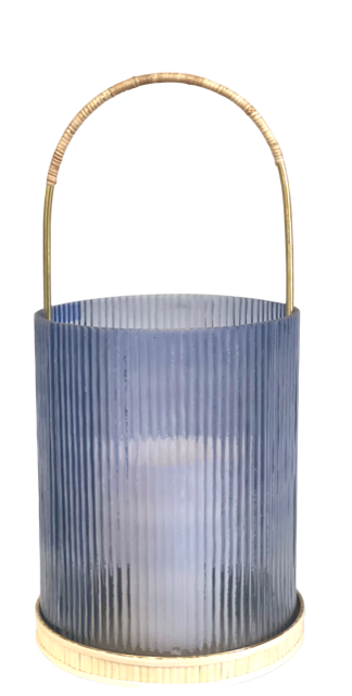 433Bl - Lantern :Small Blue Ribbed Glass 26Cm