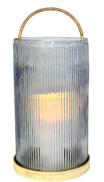 434Bl - Lantern: Large Blue Ribbed Glass 36Cm