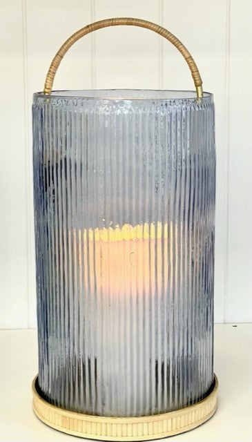 434Bl - Lantern: Large Blue Ribbed Glass 36Cm