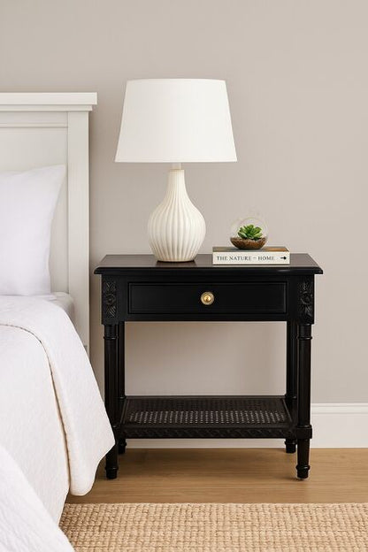 Polo Side Table/Bedside Black W/Shelf 60. The Rattan Shelf Provides You With That Coastal Feel That Turns The Bedroom Into A Beachy Retreat.