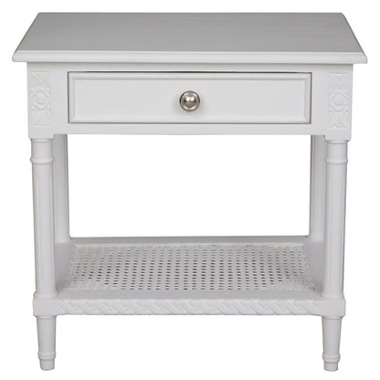 Polo Side Table/Bedside White W/Shelf 60. Introducing The Hamptons White Bedside Table With Rattan Shelf