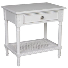 Polo Side Table/Bedside White W/Shelf 60. Introducing The Hamptons White Bedside Table With Rattan Shelf