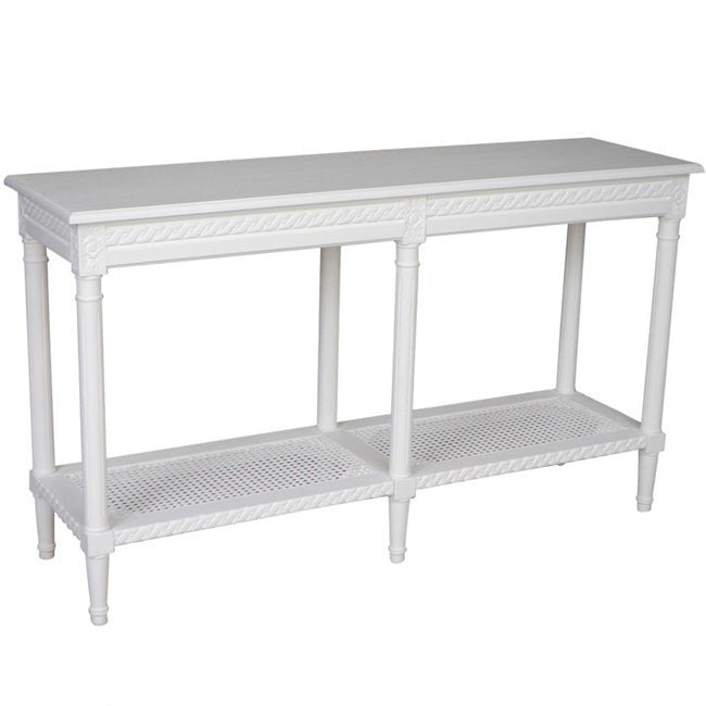 Polo Long Classic Console W/Shelf White 140. Add Storage And Style To Your Room With This Hamptons Style White Long Console With An Attractive Rattan
