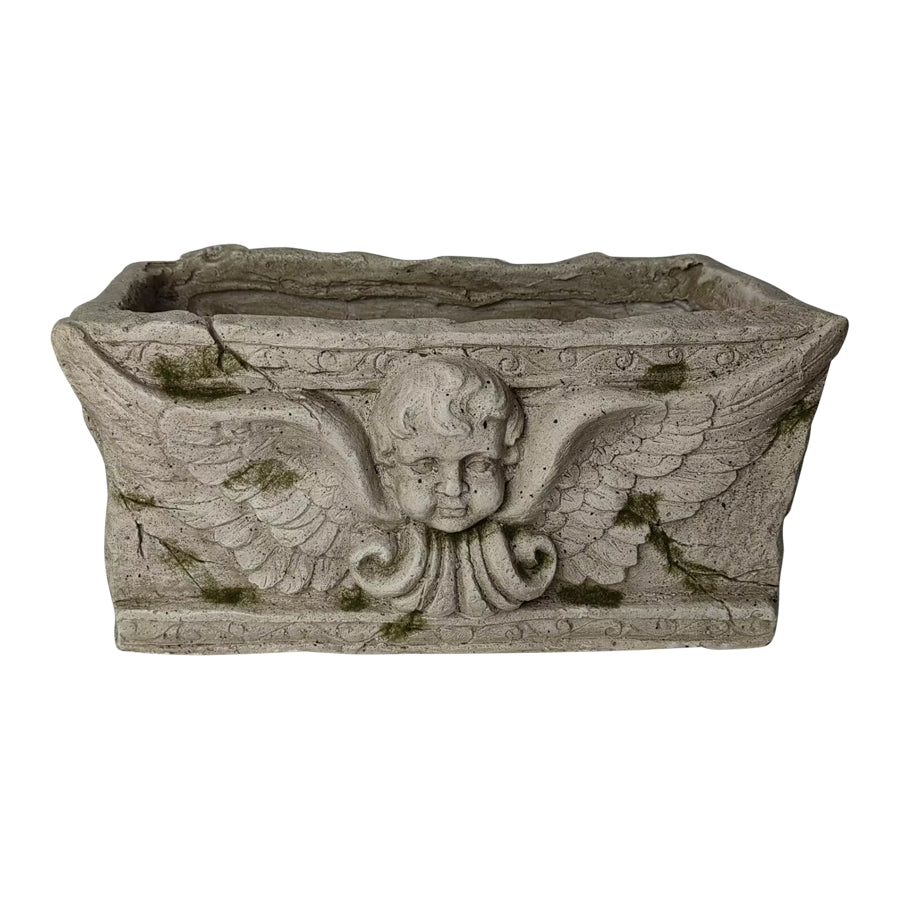 Aged Rectangular Planter w/Angel 37x19.5x18cm