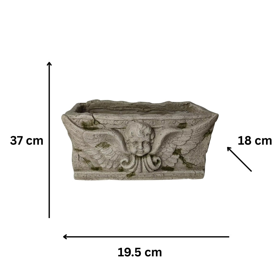 Aged Rectangular Planter w/Angel 37x19.5x18cm