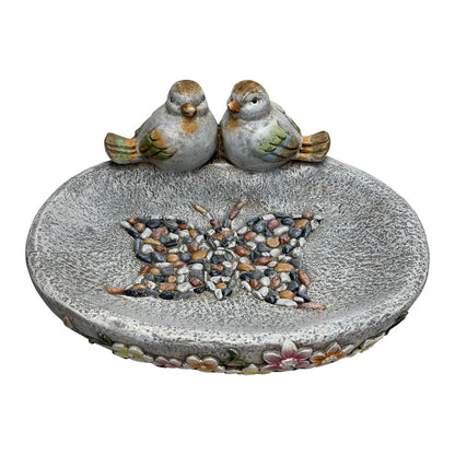 Birdbath w/Colour Birds/Flowers/Pebble Butterfly 40x30x20cm