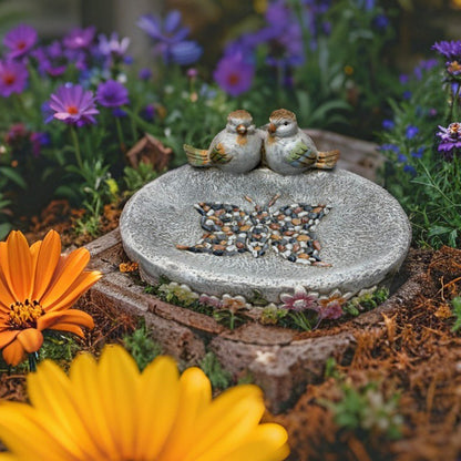 Birdbath w/Colour Birds/Flowers/Pebble Butterfly 40x30x20cm