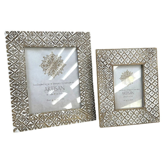 Handcrafted 5x7" Mango Wood 'Diamond Flower' Photoframe 24x1.5x29cm