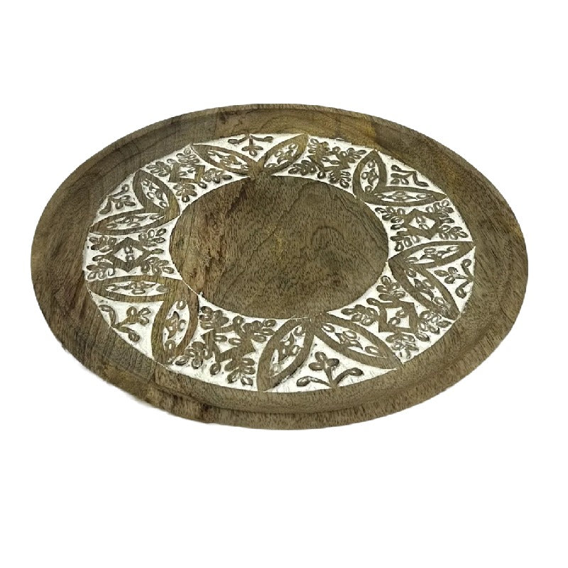 Handcrafted  Round Mango Wood Carved Platter Tray 30x30x2.5cm