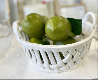 61H - Glazed Ceramic White Basket Lattice W/Handles Round 20X8C
