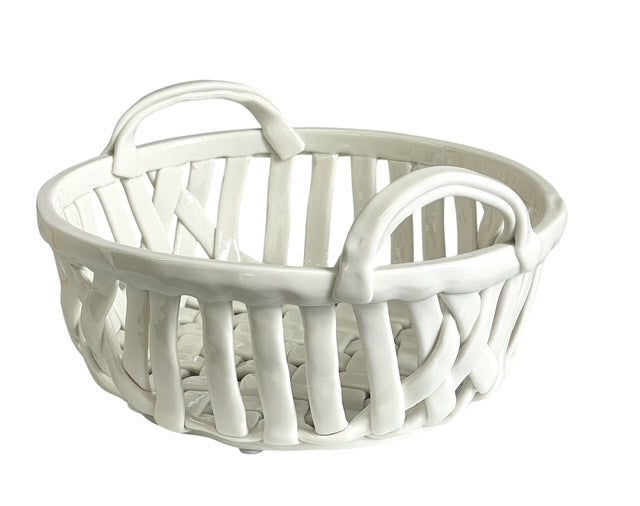 61H - Glazed Ceramic White Basket Lattice W/Handles Round 20X8C
