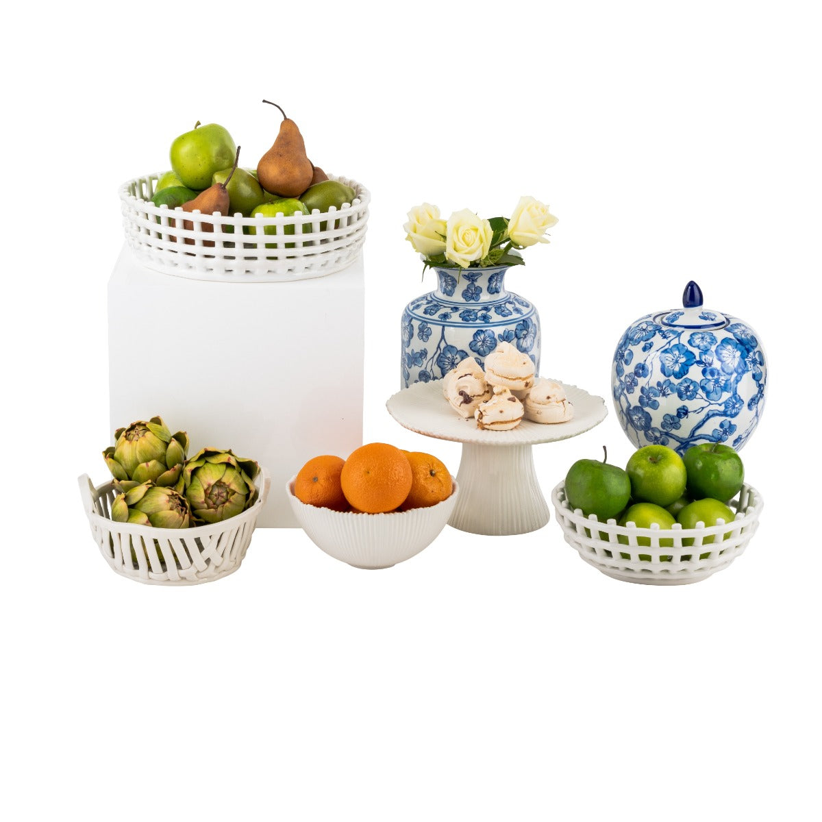 61H - Glazed Ceramic White Basket Lattice W/Handles Round 20X8C