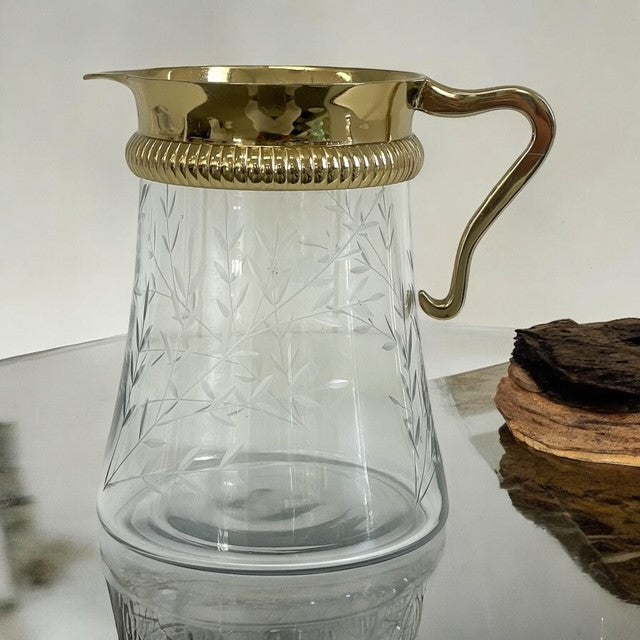 64D Gold And Etched Floral Glass Jug/Pitcher