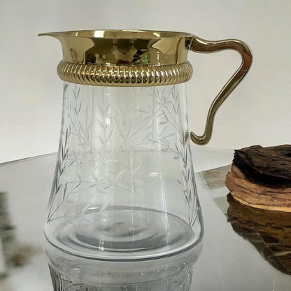 64D Gold And Etched Floral Glass Jug/Pitcher