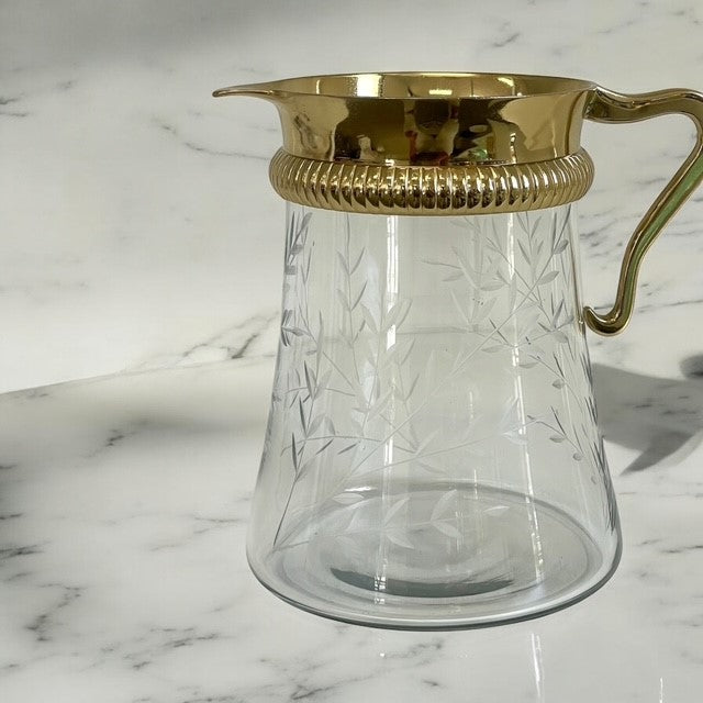 64D Gold And Etched Floral Glass Jug/Pitcher