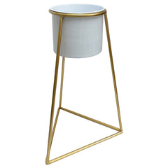 White Planter on Gold Pyramid Stand 19x19x45cm