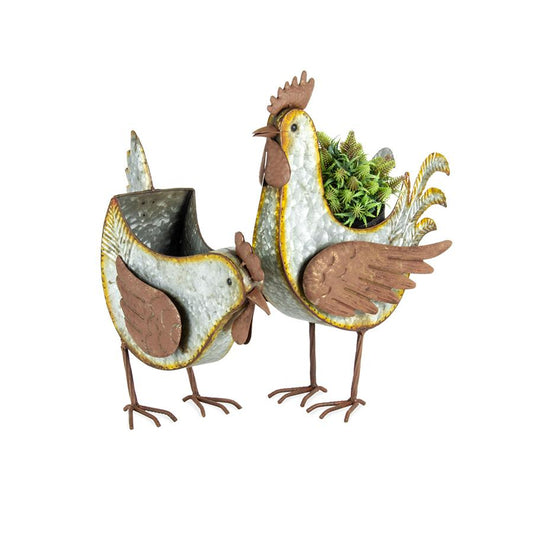 Set/2 Asst Galvanised Rust Chook Planters/Holders