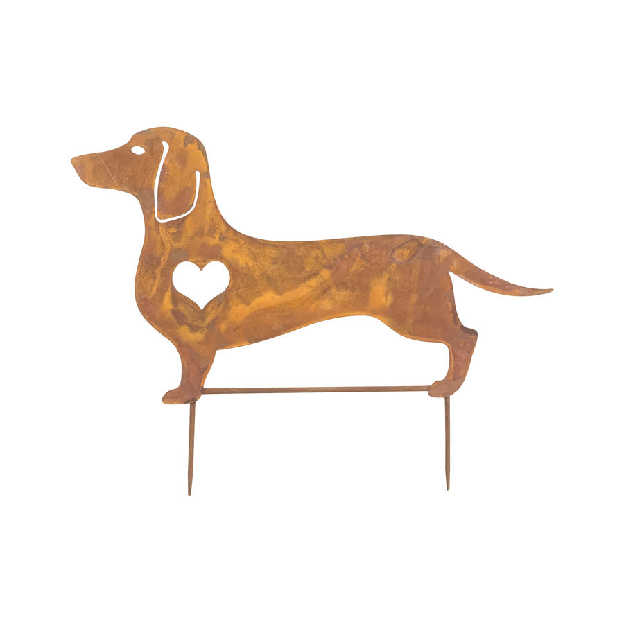 Rust Lasercut Dachshund w/Heart Garden stake 57x0.7x43cm