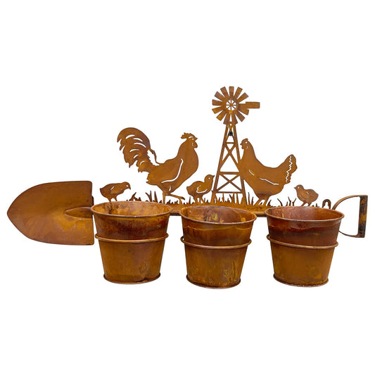 Three Pot Wall Planter on Shovel w/Chooks 60x15x30cm