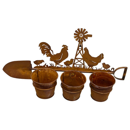 Three Pot Wall Planter on Shovel w/Chooks 60x15x30cm